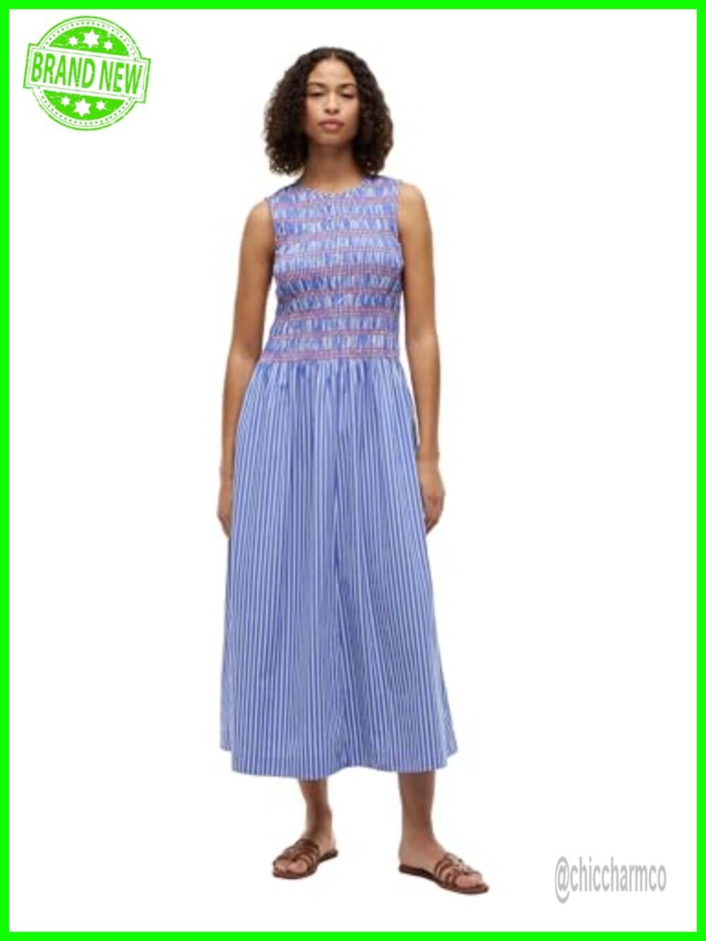 Cotton Sleeveless Crew Neck Maxi Dress with Smocked Waist Business Casual